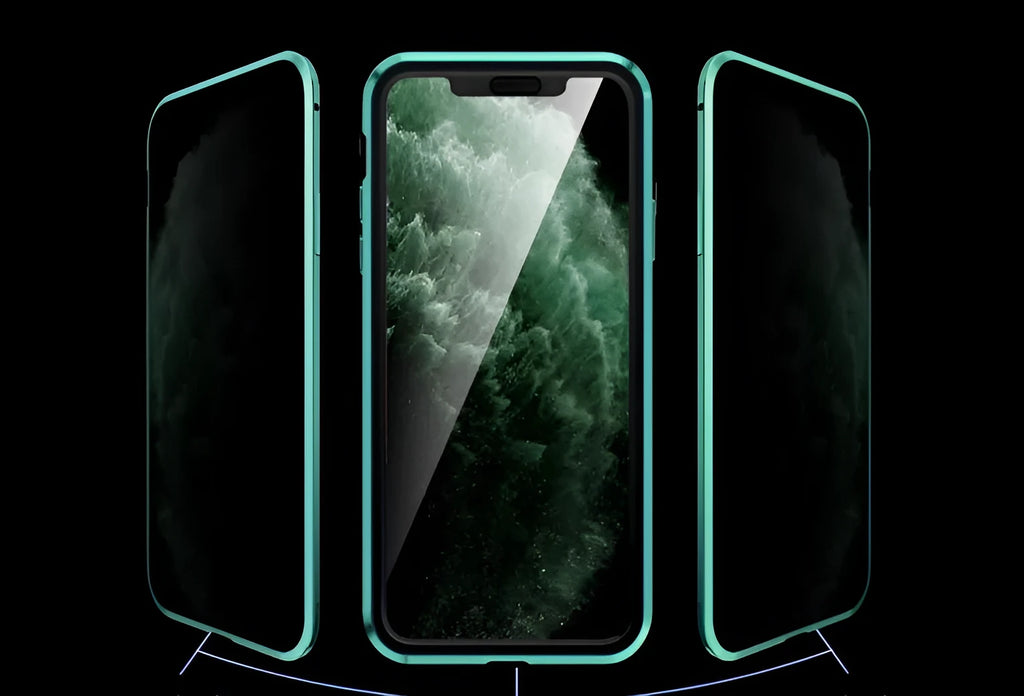 Double-sided tempered glass magnetic phone case for iPhone with clamshell design and anti-peeping function
