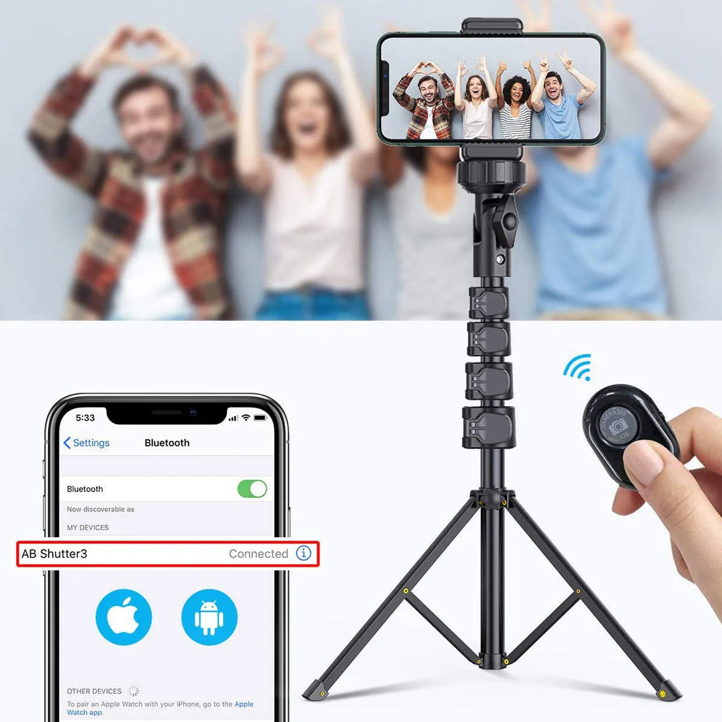 Black aluminium alloy selfie stick tripod with 5 sections collapsed to 45cm height with smartphone clamp
