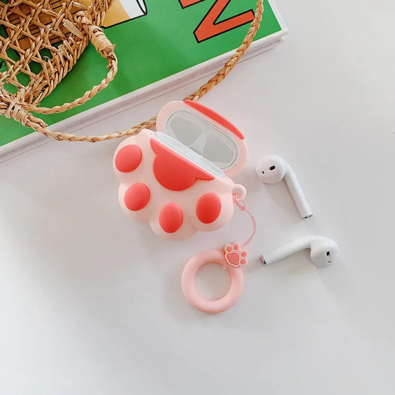 Cute cartoon cat paw AirPods case in soft rubber, clamshell style, with ring, 150mm x 65mm x 20mm