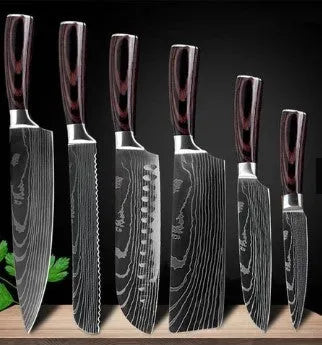 7Cr17 stainless steel kitchen knife with laser Damascus pattern on blade and colour steel handle.