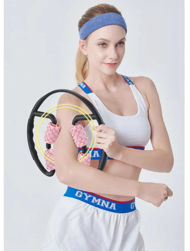 Multifunctional 4-wheel muscle massager roller in blue for body shaping and recovery