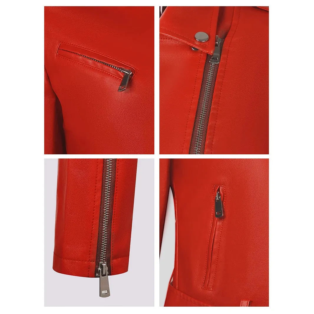 Women's short black PU leather jacket with lapel collar and an adjustable waist belt on a hanger.