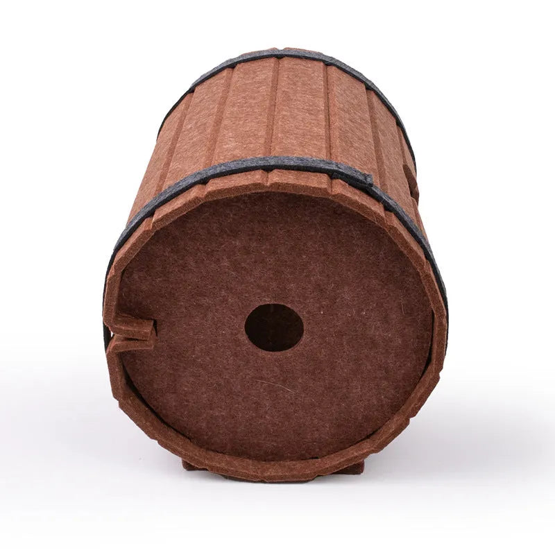 Assembled wine barrel shaped cat bed made from polyester fibre felt panels