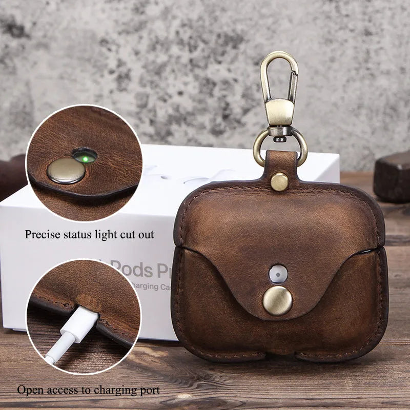 Brown genuine leather AirPods Pro case with vintage clamshell design and crazy horse pattern texture