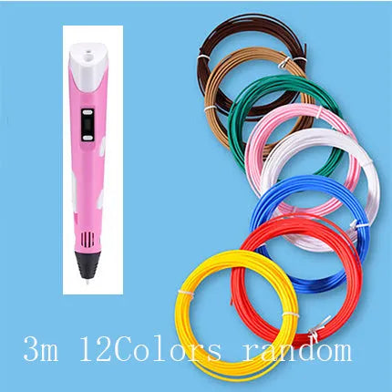 Yellow 3D printing pen with 12 colour PLA filament spools and UK power adapter on a white background
