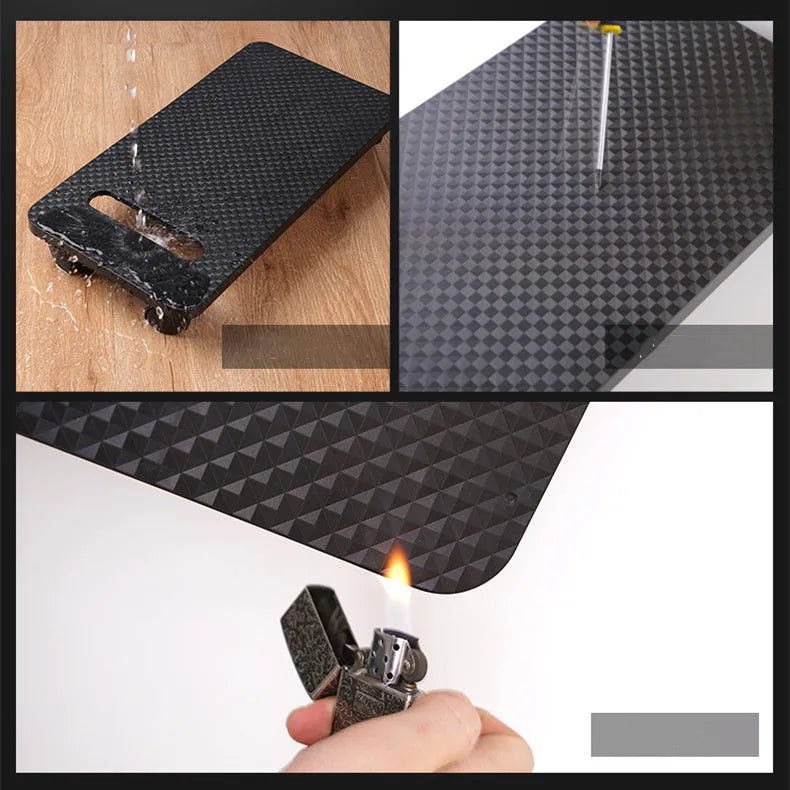 Orico black metal desktop computer CPU floor stand with wheels and three-sided baffle on a tiled floor