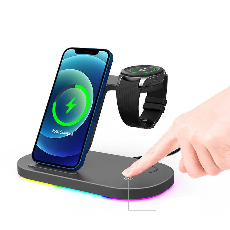 White three-in-one wireless charging stand holding an iPhone, an Apple Watch, and AirPods case.