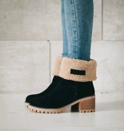 Women's suede mid-tube snow boots in multiple colours with a round toe and low thick heel.