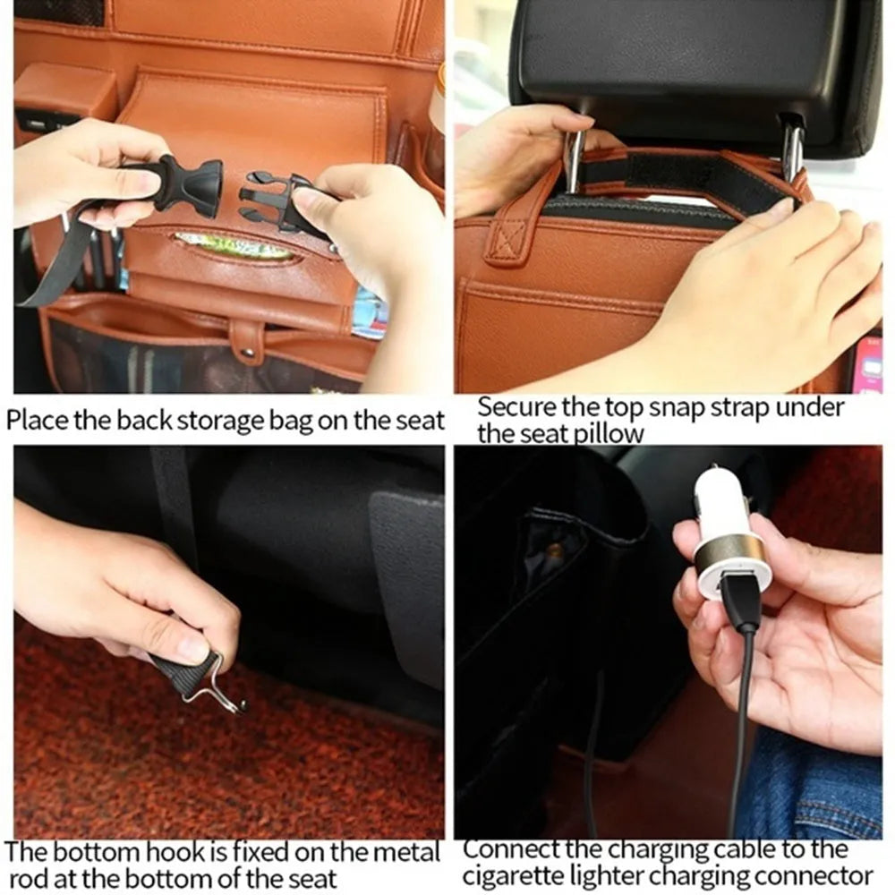 Car backrest storage bag in black leather with USB port and charging head, attached to a car seat