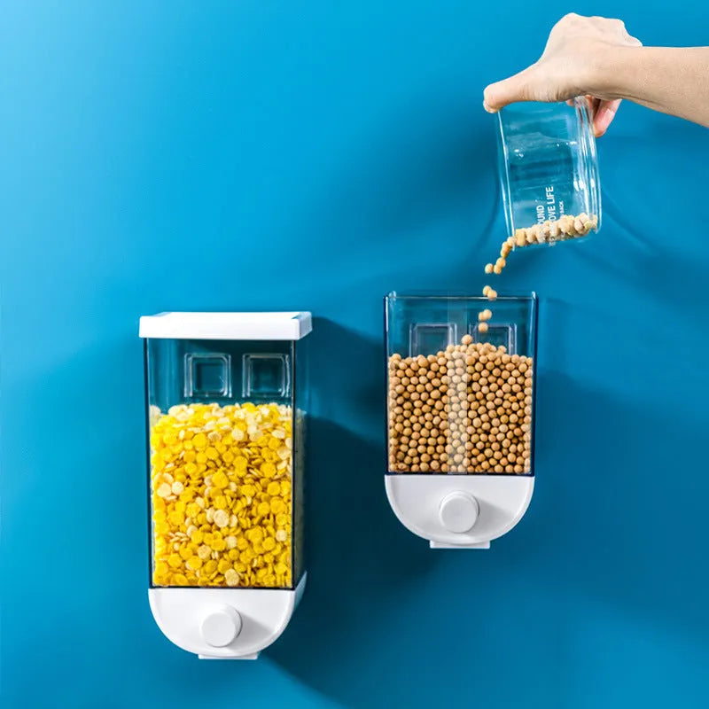 White wall-mounted transparent food storage container with cereal dispenser lid