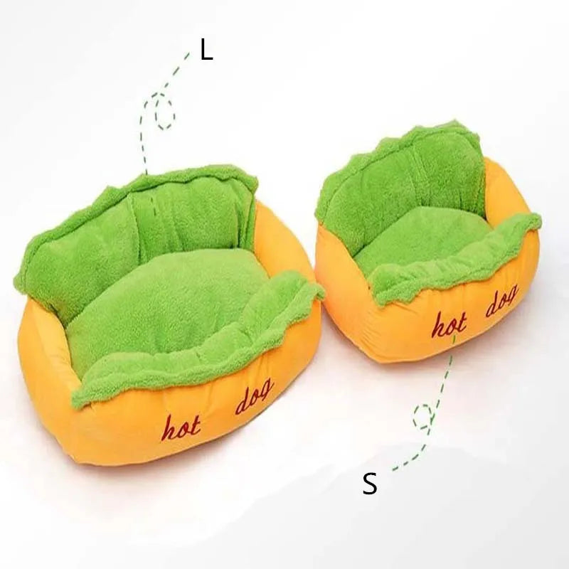 Hot dog shape pet kennel with PP cotton cushion, short plush fabric, non-slip bottom, sizes S and L