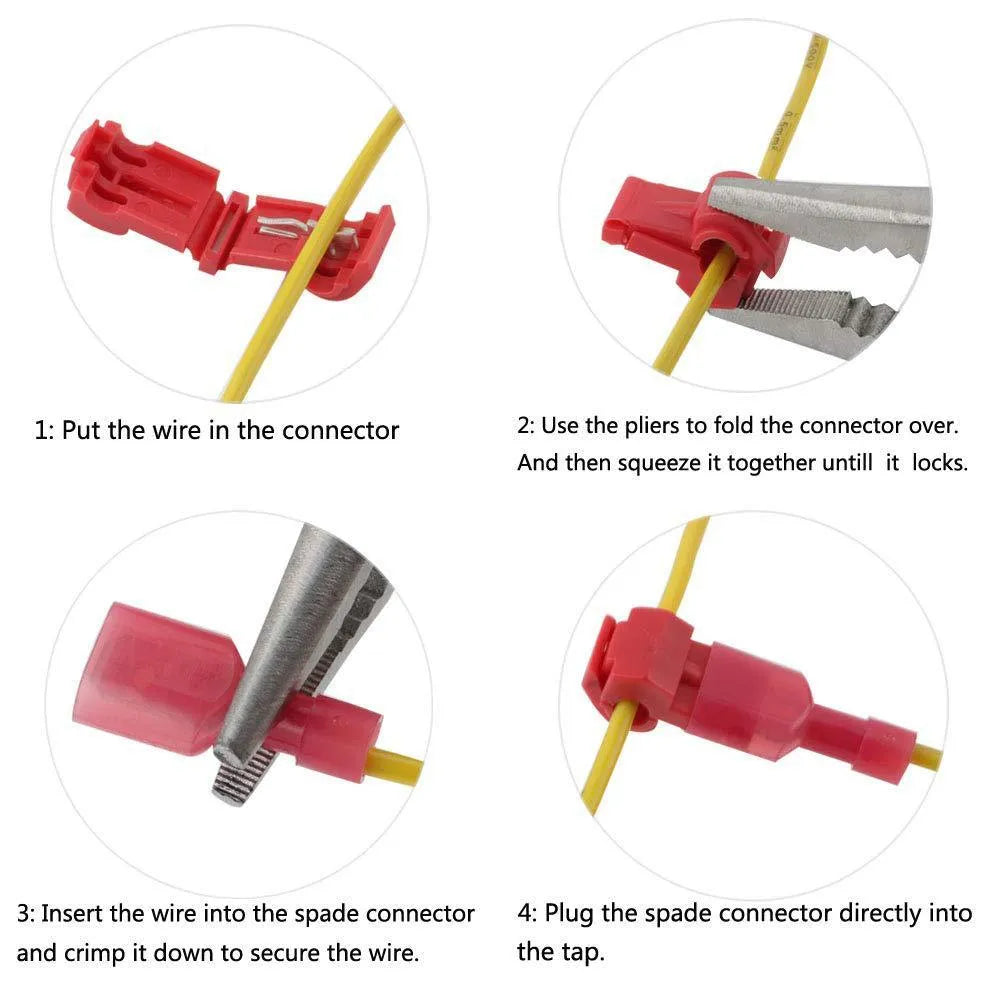 Quick connection box terminal set with PVC brass tinplate spade connectors in red, blue, and yellow, 2.5cm to 3.7cm lengths, 6.3mm spade width