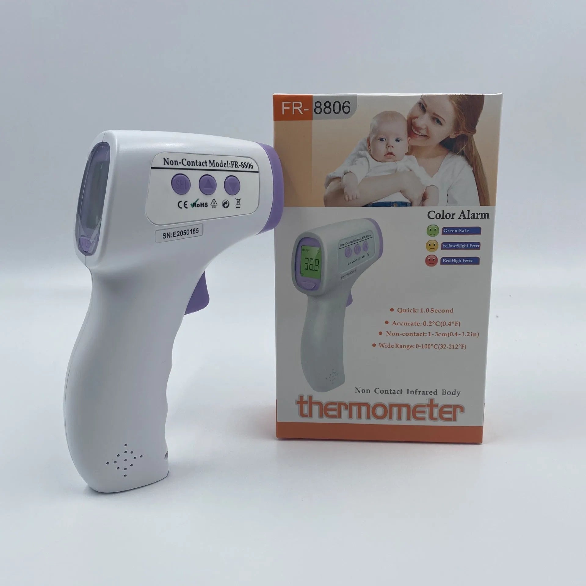 White digital thermometer with non-contact infrared sensor and LED display for temperature measurement