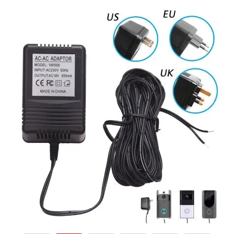 White external power adapter for video doorbell with UK plug and AC 18V output