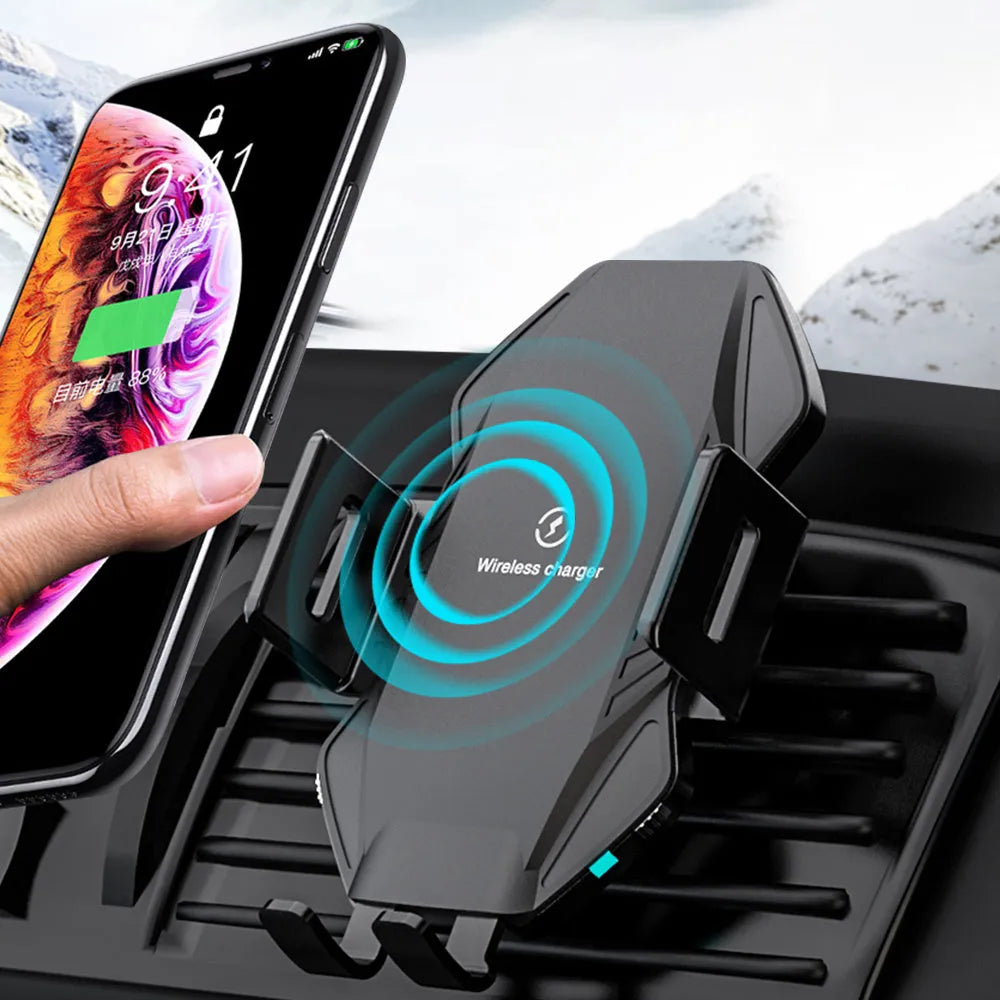 Car wireless charging unit with chuck and suction cup mounting options in black and grey colours
