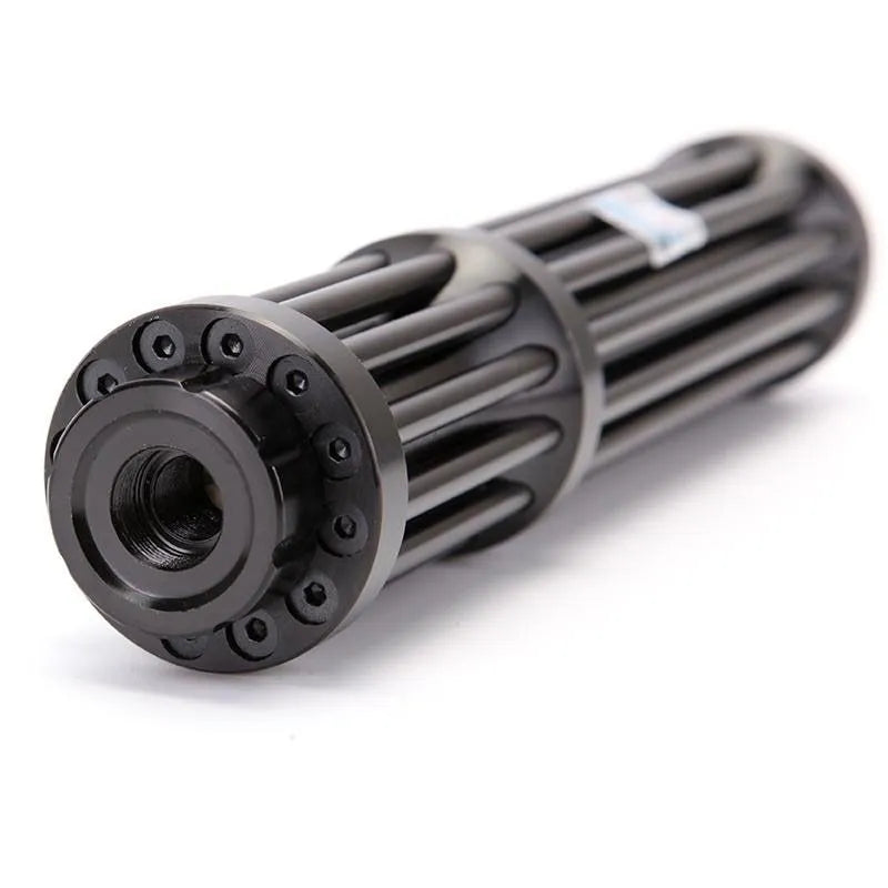 Black anodised aluminium self-defence laser flashlight with blue light beam, showing extended 168mm length