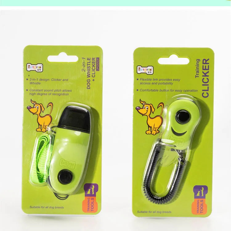 Plastic dog training clicker and whistle set in blue or green, whistle 10cm x 3.9cm, clicker 5.8cm x 3.8cm