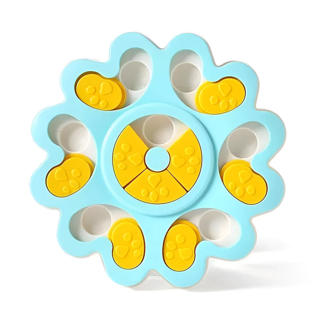 Flower-shaped blue dog puzzle slow feeder bowl with multiple food compartments on non-slip base