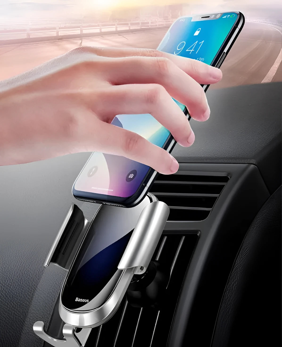 Universal smart car bracket holding smartphone with 360-degree rotation in black, blue or silvery colour