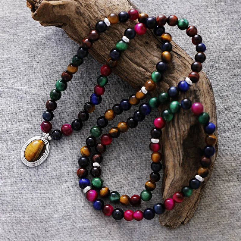 Natural stone meditation necklace and bracelet set with colour tiger-eye gemstone pendants featuring wings, crown, infinity and heart designs