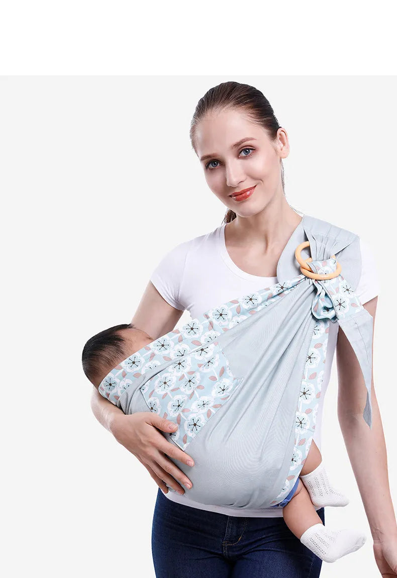 Adjustable baby wrap carrier sling in various colours, shown as a cotton or mesh infant carrier and nursing cover.