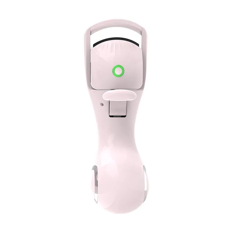 Electric eyelash curler in pink or white with silicone pad, USB cable, and three-speed temperature control.