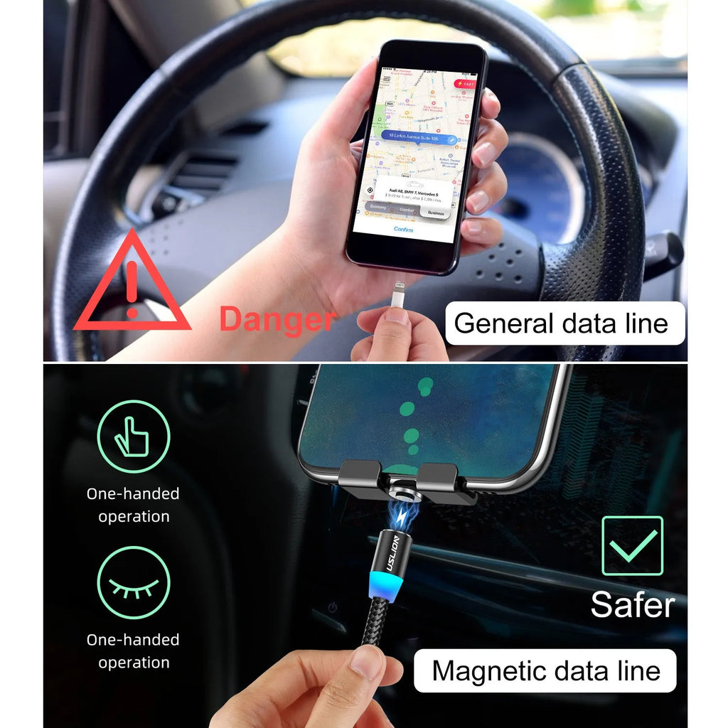 Magnetic 3-in-1 fast charging data cable with 8PIN, Micro USB and TYPE-C connectors, 2m, black red blue options