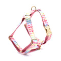 Pink dog harness with gold buckle and colourful heart-shaped crystals for small dogs