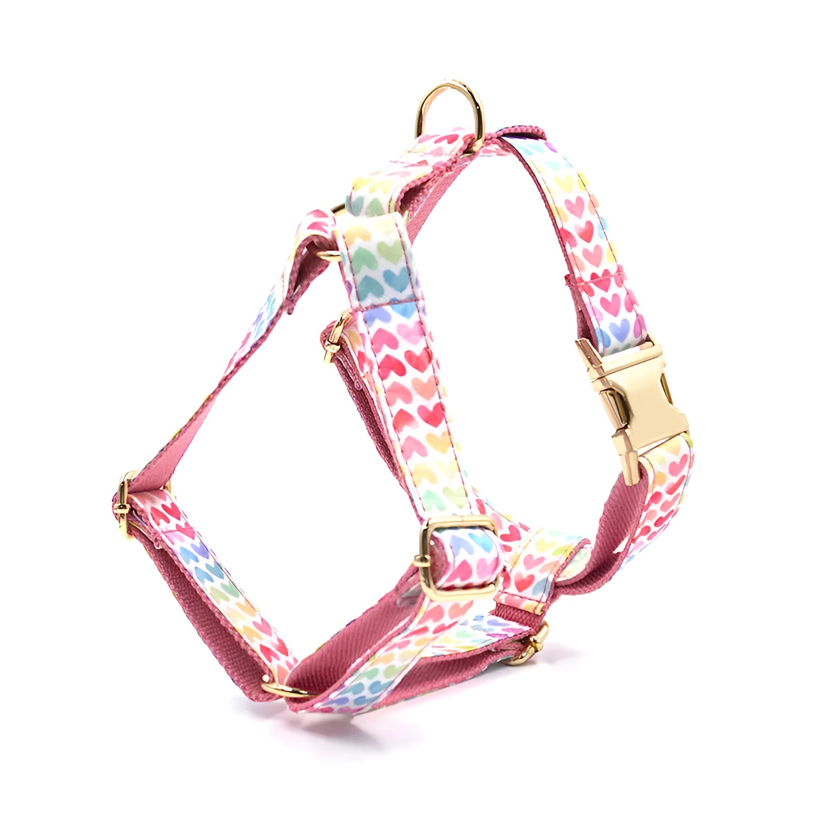 Pink dog harness with gold buckle and colourful heart-shaped crystals for small dogs