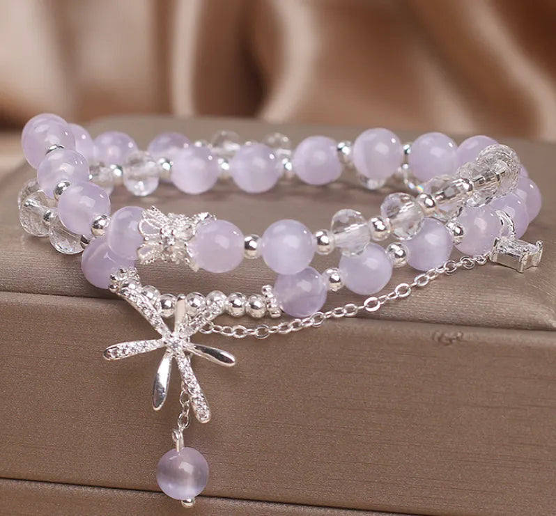 Light purple opal cat's eye crystal double ring bracelet for women with flower design