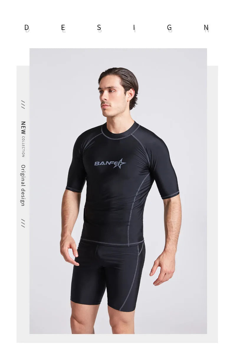 Men's half sleeve nylon swim suit top and pants set on a white background