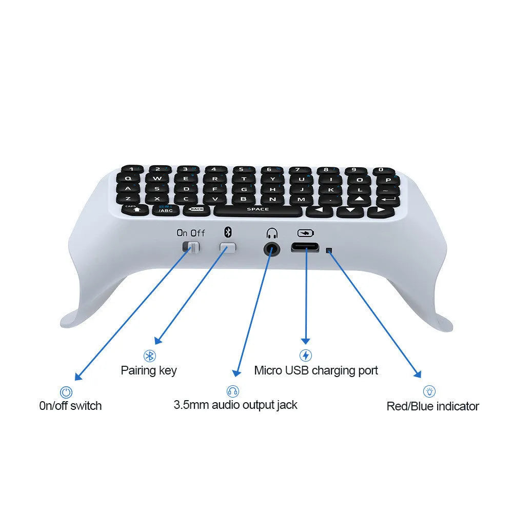 White PS4 Bluetooth chat keyboard attached to a controller, compact ABS design with USB charging cable