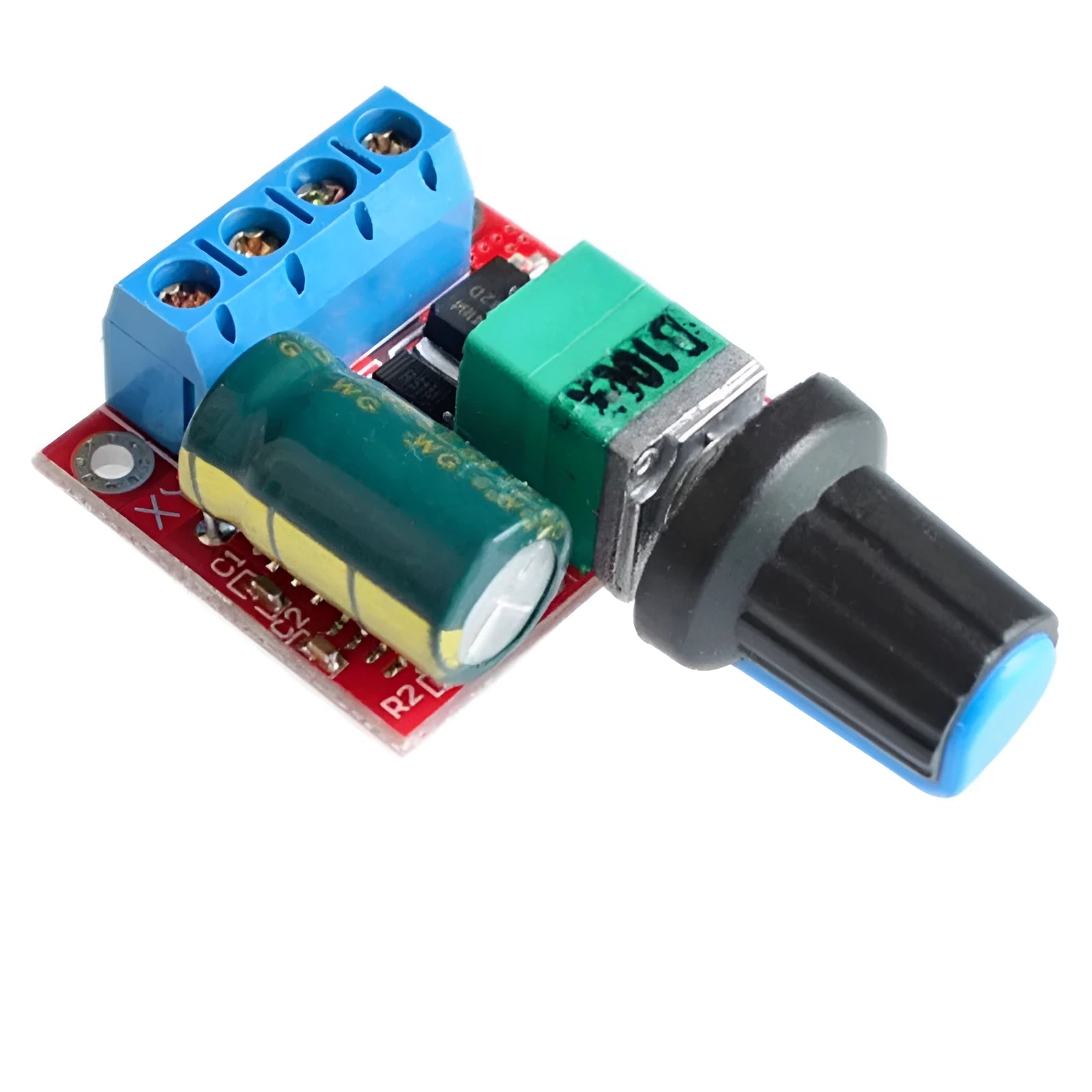 PWM DC motor speed controller module with potentiometer knob, 30mm x 26mm dimensions.