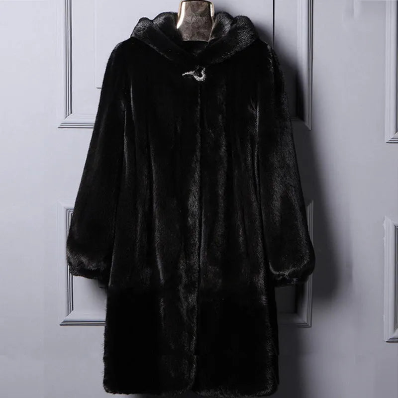 Women's black faux fur hooded coat for autumn and winter street fashion