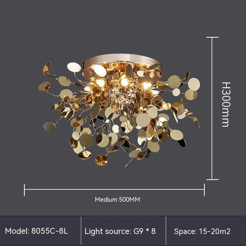 Stainless steel bar tree blade chandelier with eight G9 lights, shown in D380 x H450 mm and D500 x H450 mm sizes