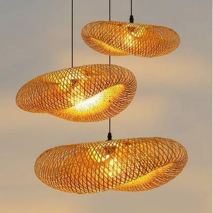 Bamboo woven straw hat-shaped hanging pendant lamp with warm white light.