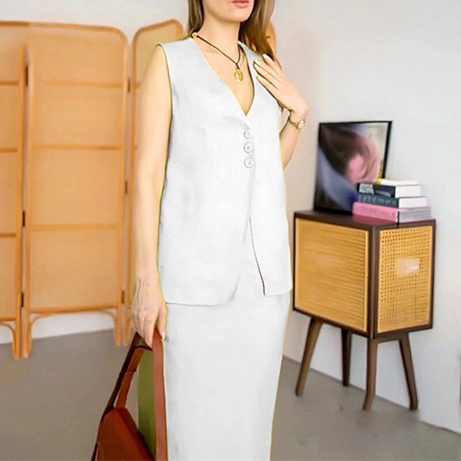 Women's blue casual two-piece suit with sleeveless vest and long skirt on a hanger.