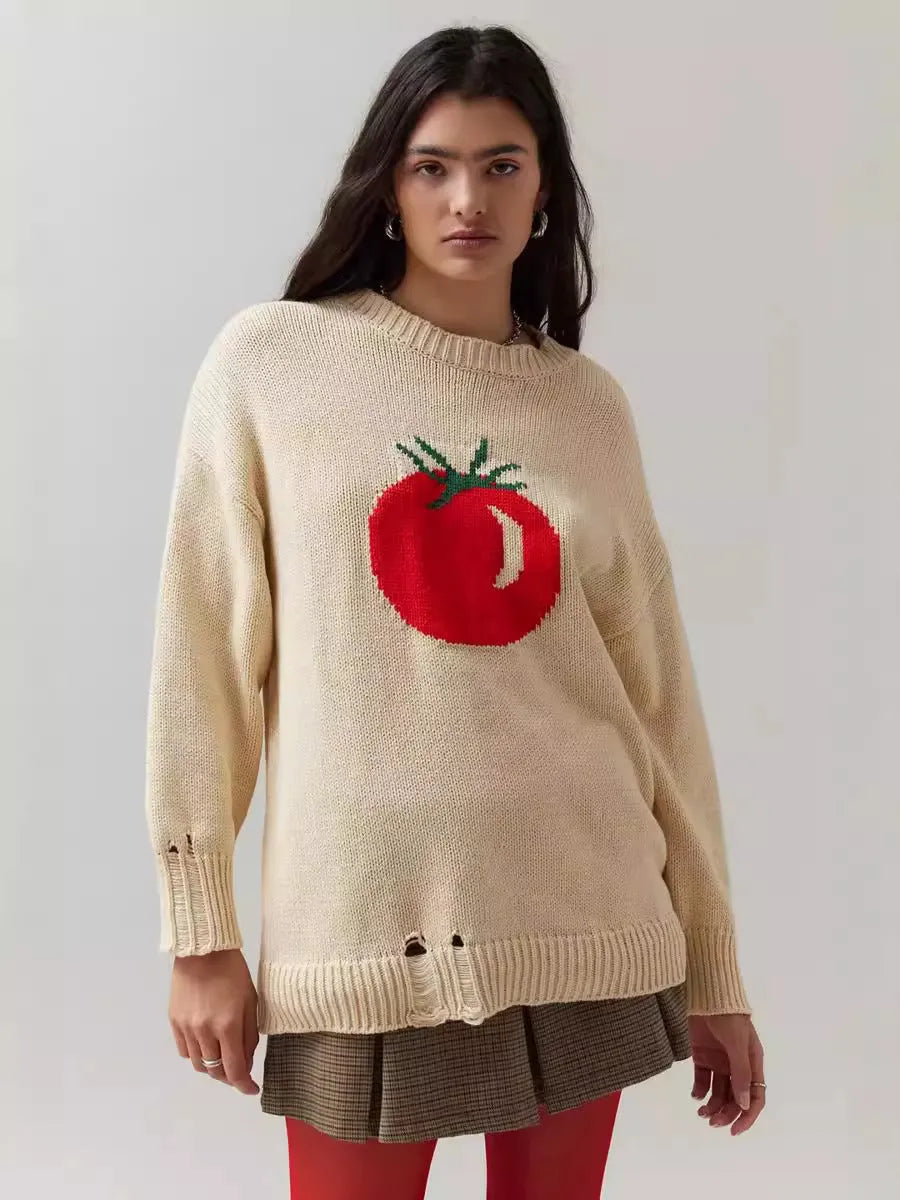 Women's milky white acrylic jacquard pullover sweater with round neck and long sleeves laid flat.