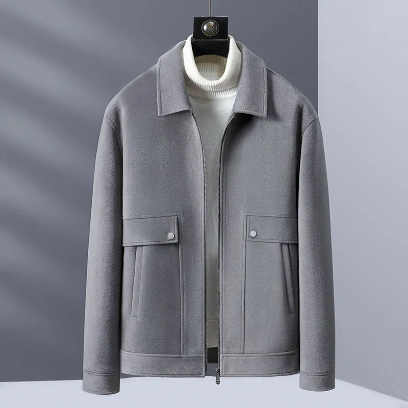 Men's knitted polo collar jacket in blue gray, camel or black, long sleeve polyester top, sizes M to 3XL
