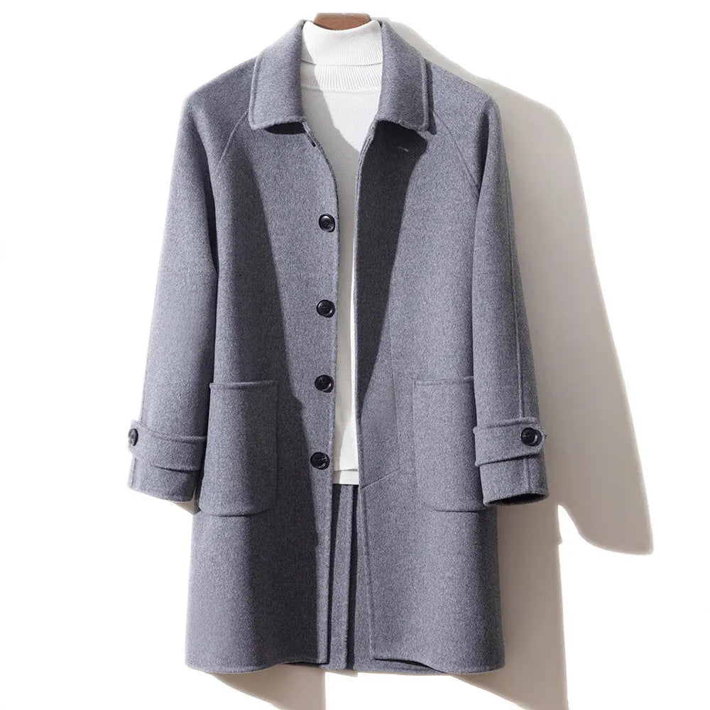 Men's reversible wool coat in black, single-breasted mid-length baggy fit with wool lining
