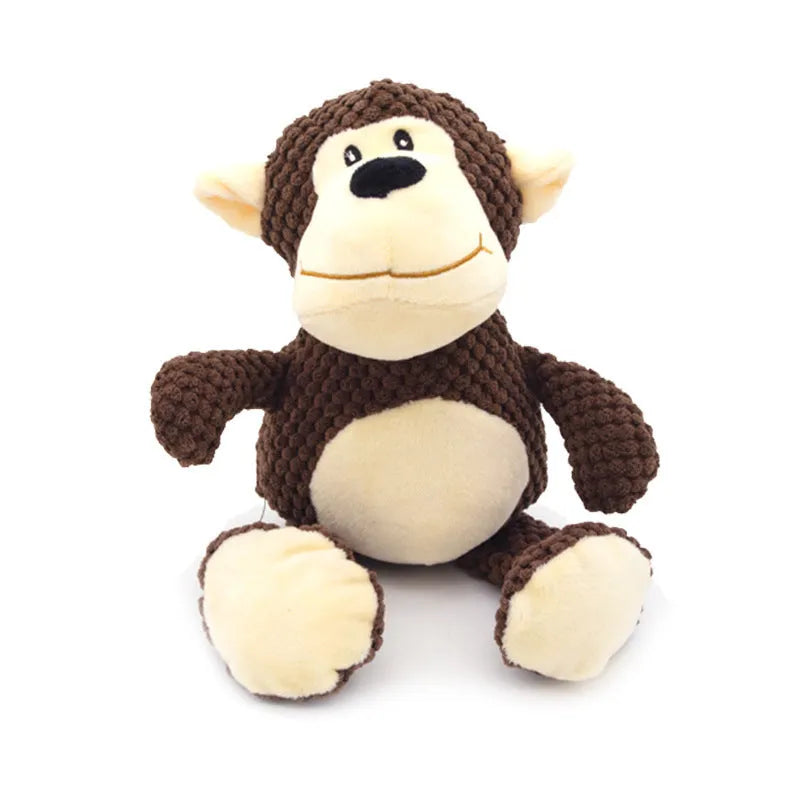 Assorted plush dog chew toys in donkey, elephant, orangutan, and rabbit shapes with squeakers.