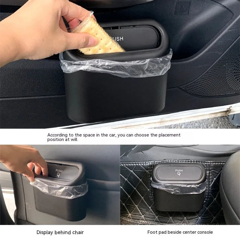 Black plastic folding car trash can placed between vehicle seats.