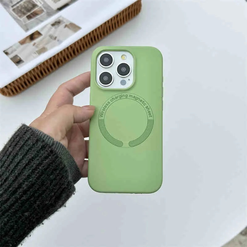 Liquid silicone magnetic phone case for iPhone with drop-resistant protective cover, available in antique white and other colours