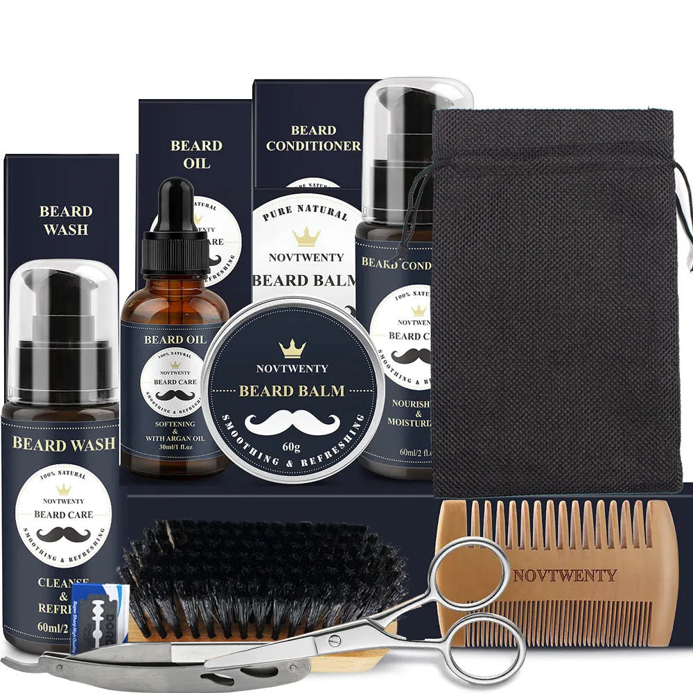 Beard grooming kit with peach wood tools, scissors, comb, brush, and balsam in a set.