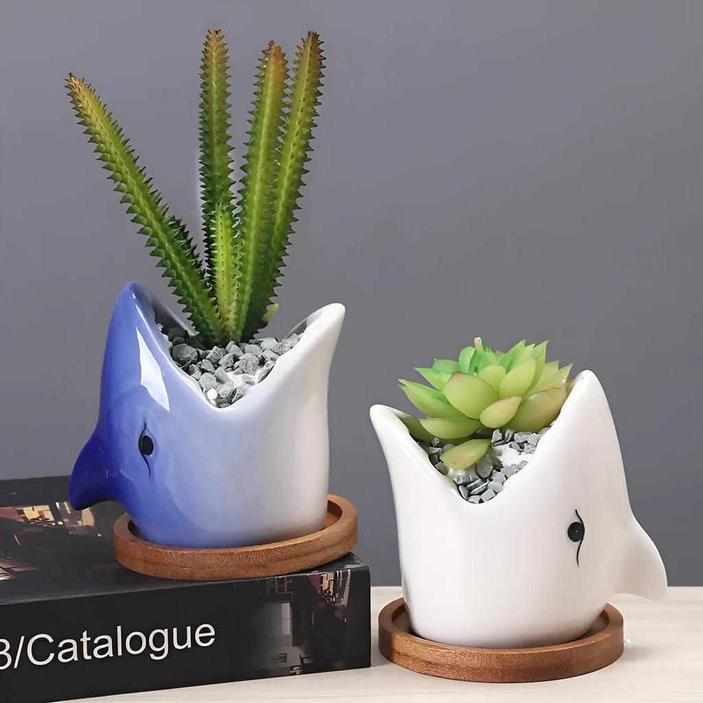 Blue ceramic cartoon succulent flowerpot with drainage hole on a desktop