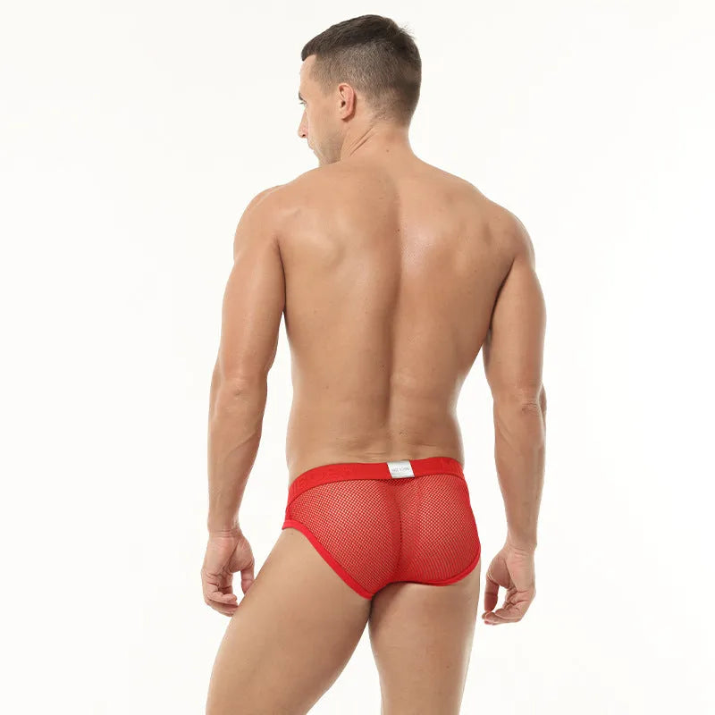 Men's low-waist solid colour briefs in high elastic mesh fabric, shown in multiple colours.