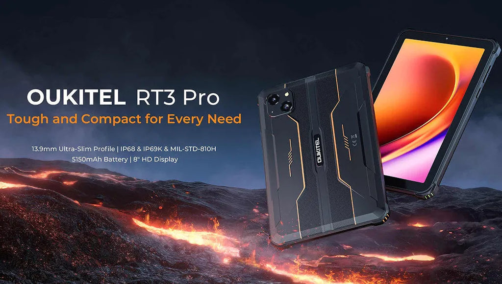 RT3 PRO mobile phone in orange, grey, and green colours with included charger.