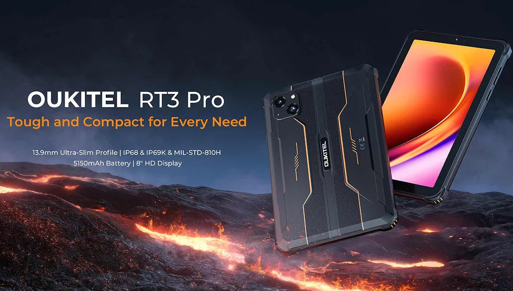 RT3 PRO mobile phone in orange, grey, and green colours with included charger.