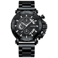 Men's thick luminous waterproof quartz watch with stainless steel strap and black round dial, 30m water resistant, 14.8mm case.