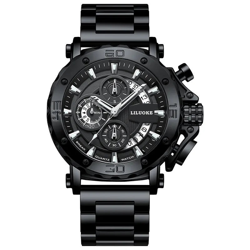Men's thick luminous waterproof quartz watch with stainless steel strap and black round dial, 30m water resistant, 14.8mm case.